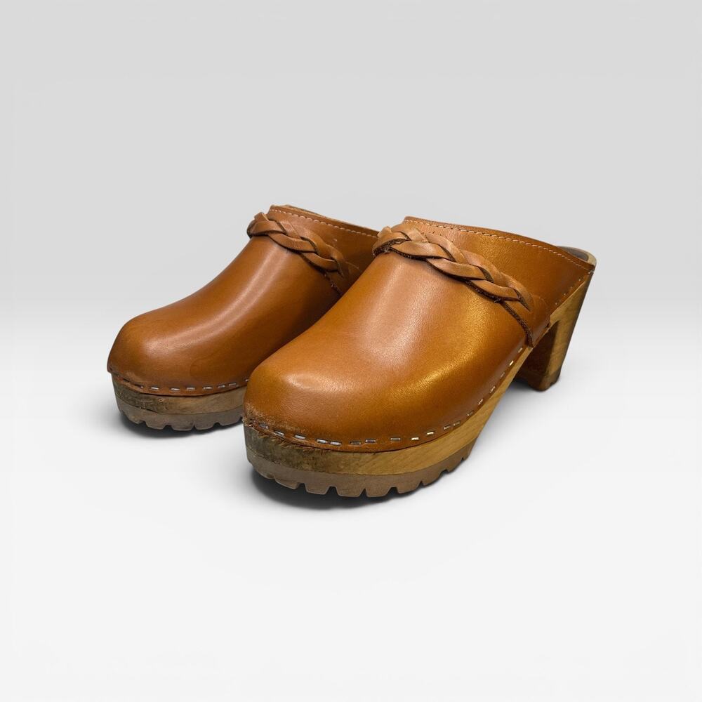 Swedish Leather Wooden Clogs Womens EU 37 Brown Braided Trim Platform Mules